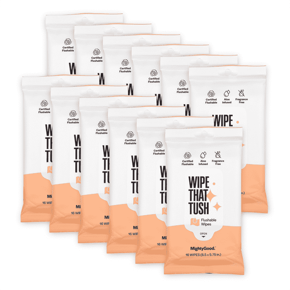Wipe that Tush Flushable Wipes - Fragrance-Free - 12 Packs of 16, 192 Total
