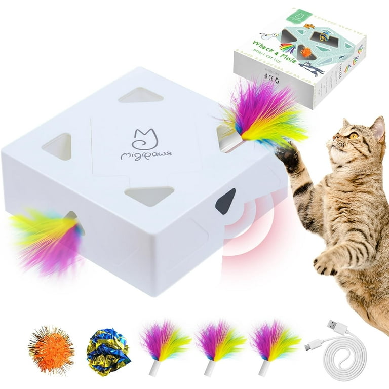 Migipaws Cat Toys Interactive Automatic 7 Holes Mice Whack A Mole Ultra Fun Smart Teaser Toy for Indoor Cats USB Rechargeable 4 Pieces Feather