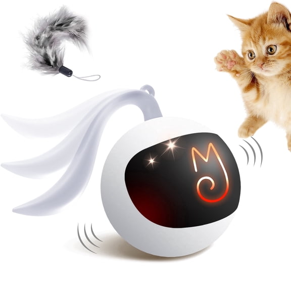 Migipaws Interactive Cat Ball Toy Set, Fun Tracker, Automatic Rolling Chase Ball with Fluffy Tail, Rechargeable (White)