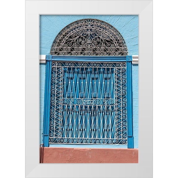 Miglavs, Janis 11x14 White Modern Wood Framed Museum Art Print Titled - Ornate wrought iron covering on blue wooden window shutters-Trinidad-Cuba