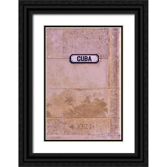 Miglavs, Janis 17x24 Black Ornate Wood Framed with Double Matting Museum Art Print Titled - Cuba street sign on pink wall in Old Havana-La Habana Vieja-Cuba