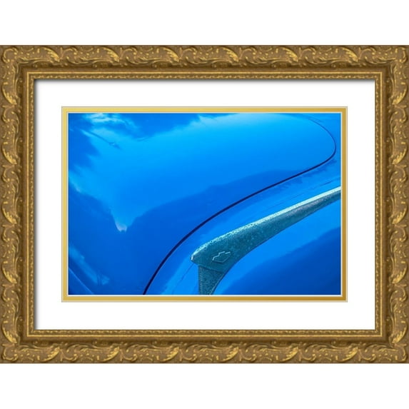 Miglavs, Janis 18x13 Gold Ornate Wood Framed with Double Matting Museum Art Print Titled - Detail of trunk and fender on blue classic American Buick car in Habana-Havana-Cuba