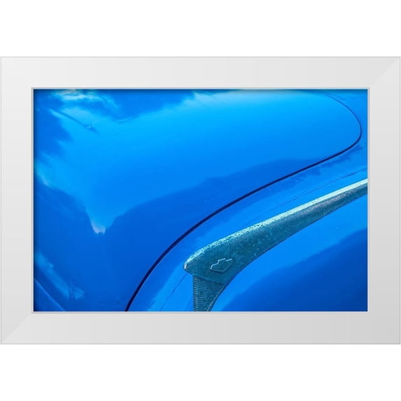 Miglavs, Janis 18x13 White Modern Wood Framed Museum Art Print Titled - Detail of trunk and fender on blue classic American Buick car in Habana-Havana-Cuba