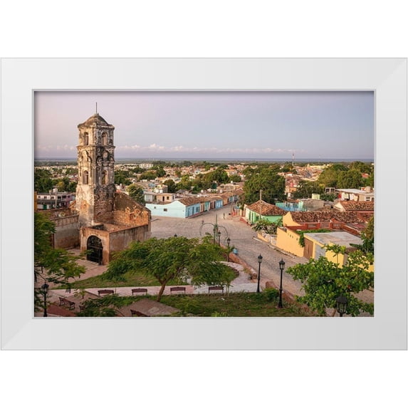 Miglavs, Janis 24x17 White Modern Wood Framed Museum Art Print Titled - Morning hillside view of Santa Ana church-the plaza-Trinidad streets and the ocean-Cuba