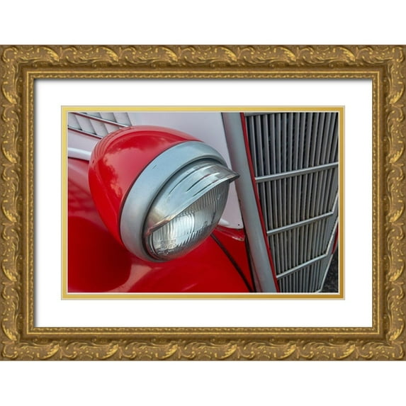 Miglavs, Janis 32x23 Gold Ornate Wood Framed with Double Matting Museum Art Print Titled - Detail of head light and grill on red classic American Ford in Habana-Havana-Cuba
