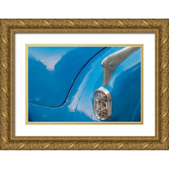 Miglavs, Janis 32x23 Gold Ornate Wood Framed with Double Matting Museum Art Print Titled - Detail of trunk and rear fender on blue classic American Buick car in Habana-Havana-Cuba