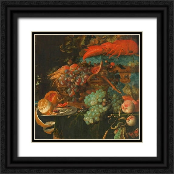 Mignon, Abraham 12x12 Black Ornate Wood Framed with Double Matting Museum Art Print Titled - Still Life with Fruit and a Goldfinch (detail)