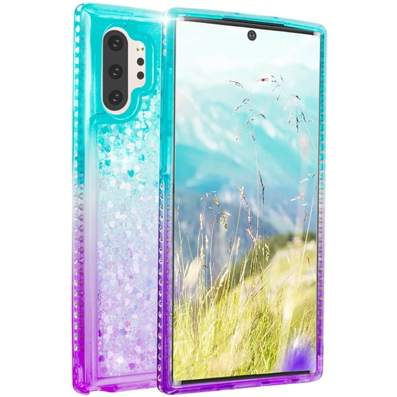 Mignova Galaxy Note 10 Pro/5g/Plus case,3 in 1 Hard Clear Detachable Sparkle Dynamic Drift Sand Blink Flow Sand Glitter Heart-Shape Quicksand & Paillette Back Clear Hourglass Case Cover(Green+Purple)