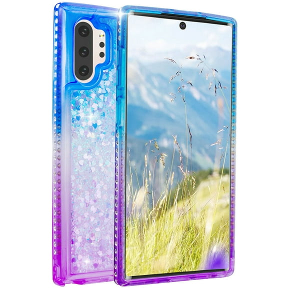 Mignova Galaxy Note 10 Pro/5g/Plus case,3 in 1 Hard Clear Detachable Sparkle Dynamic Drift Sand Blink Flow Sand Glitter Heart-Shape Quicksand & Paillette Back Clear Hourglass Case Cover(Blue+Purple)