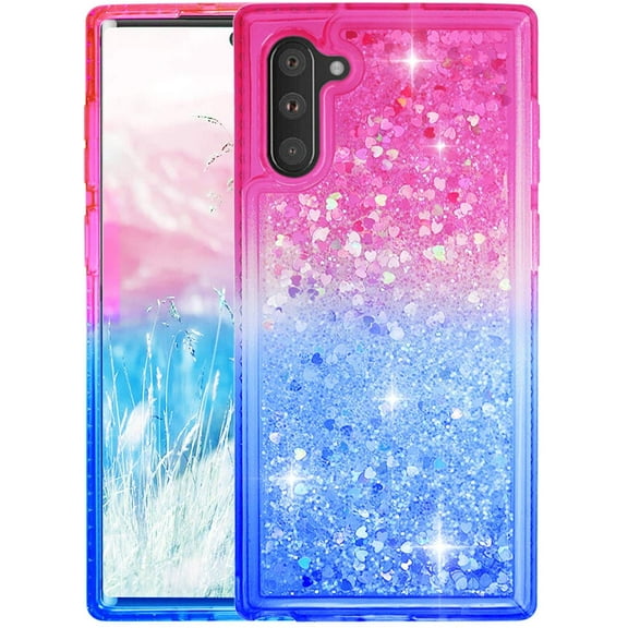 Mignova Galaxy Note 10 case,3 in 1 Hard Clear Detachable Sparkle Dynamic Drift Sand Blink Flow Sand Glitter Heart-Shape Quicksand & Paillette Back Clear Hourglass Case Cover(Red+Blue)