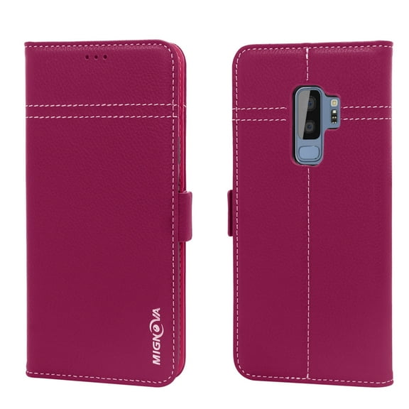 Mignova Galaxy S9 Plus Genuine Leather Case, Wallet Folding Flip Case with Kickstand, Card Holder, Magnetic Closure Protective Cover for Samsung Galaxy S9+ 2018 Release(Pink)