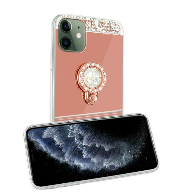 Mignova iPhone 11 6.1 inch Case, Luxury Glitter Shiny Diamond Mirror Makeup Girls Protective Case with Bling Rhinestone 360 Degree Rotation Ring Kickstand(Rose Gold)