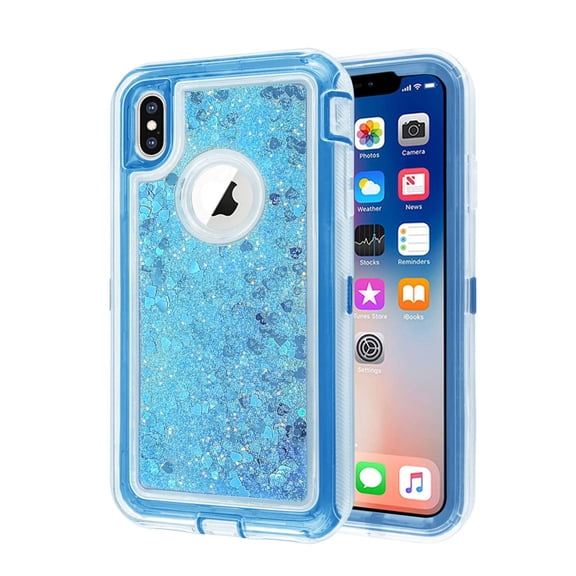 Mignova iPhone Xs Max 6.5inche case,3 in 1 Hard Clear Detachable Sparkle Dynamic Drift Sand Blink Flow Sand Glitter Heart-Shape Quicksand & Paillette Back Clear Hourglass Case Cover(Blue) 
