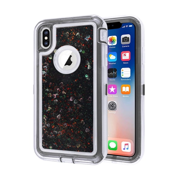 Mignova iPhone Xs Max 6.5inche case,3 in 1 Hard Clear Detachable Sparkle Dynamic Drift Sand Blink Flow Sand Glitter Heart-Shape Quicksand & Paillette Back Clear Hourglass Case Cover(Black) 