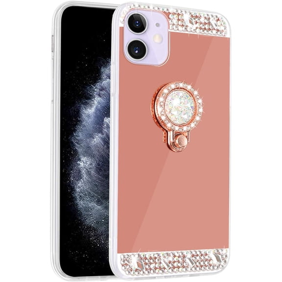 Mignvoa New iPhone Mini 5.4" Diamond Glitter Case Mirror Makeup for Girls Women Protective Cover Bling Crystal Rhinestone Ring Holder Kickstand for Apple iPhone Mini 5.4 inch 2020(Rose Gold)