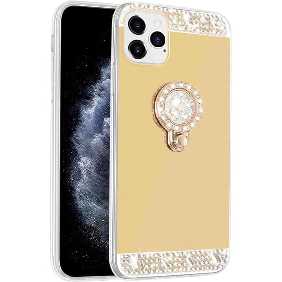 Mignvoa iPhone 12 Pro Max 6.7 inch Diamond Glitter Case Mirror Makeup for Girls Women Protective Bling Crystal Rhinestone Ring Holder Kickstand Cover for Apple iPhone 12 Pro Max 6.7 inch (Gold)