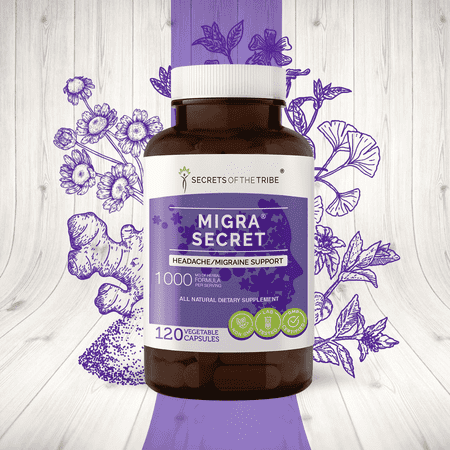 Secrets of the Tribe Migra Secret Capsules Dietary Supplement, Natural Herb Blend, Made from Feverfew, Ginger, White willow bark, Periwinkle, Ginkgo, Peppermint 120 Count