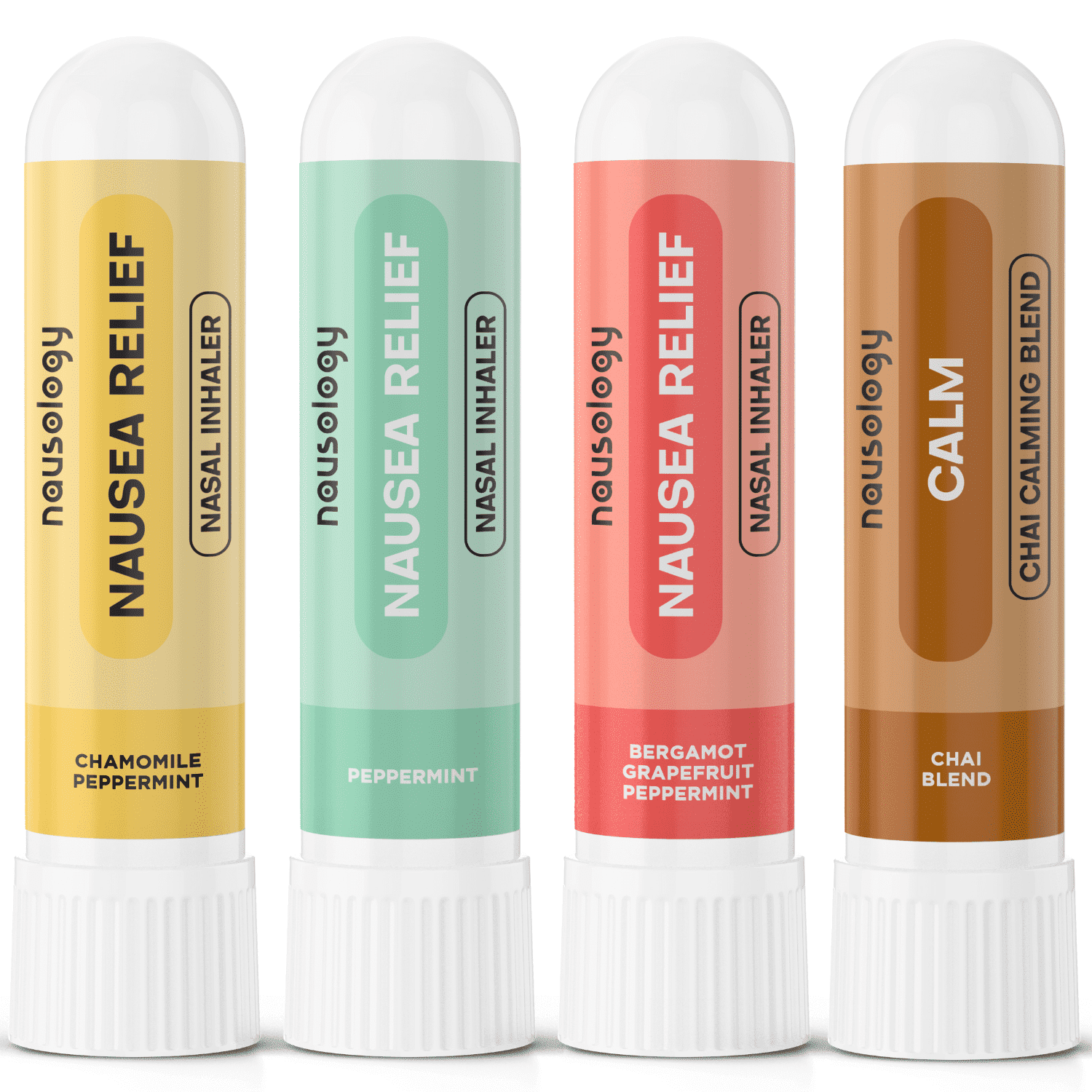 Migraine Nausea Relief Aromatherapy Inhaler by Nausology 4-Pack (Peppermint, Chamomile Peppermint, Bergamot Grapefruit Peppermint, Chai Calming Blend)
