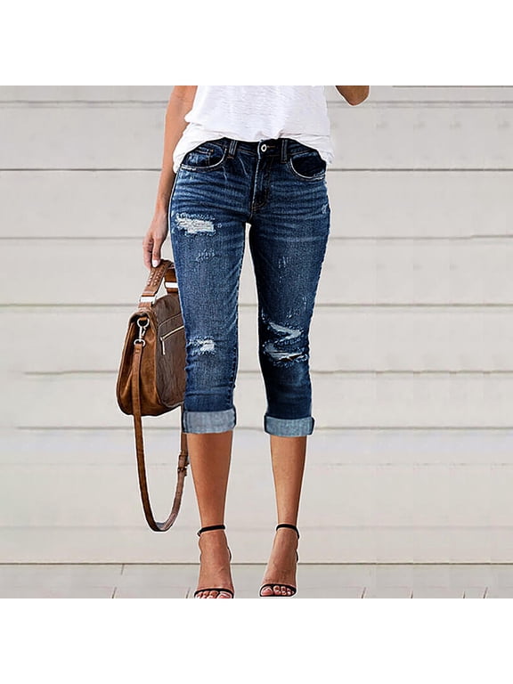 Capri Jeans for Women Stretch High Waisted Distressed Denim Capris Ripped Skinny Cropped Pants Stretchy Denim Capris Cropped Jeggings with Pockets Blue M