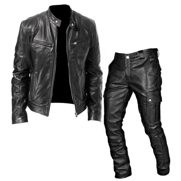 Migroa Classic Vintage Motorcycle Jacket Set for Men | Leather Bomber & Pants | Windproof Fall/Winter Two-Piece Suit , Black L
