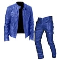 thumbnail image 1 of Migroa Classic Vintage Motorcycle Jacket Set for Men | Leather Bomber & Pants | Windproof Fall/Winter Two-Piece Suit , Blue M, 1 of 2