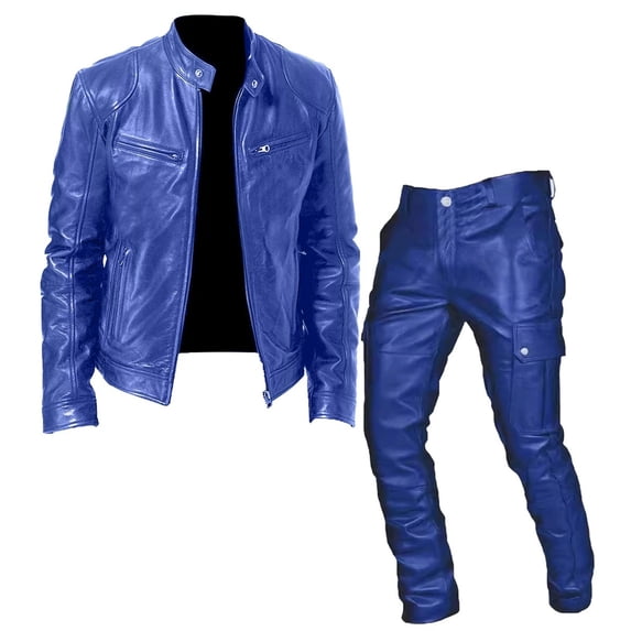 Migroa Classic Vintage Motorcycle Jacket Set for Men | Leather Bomber & Pants | Windproof Fall/Winter Two-Piece Suit , Blue M