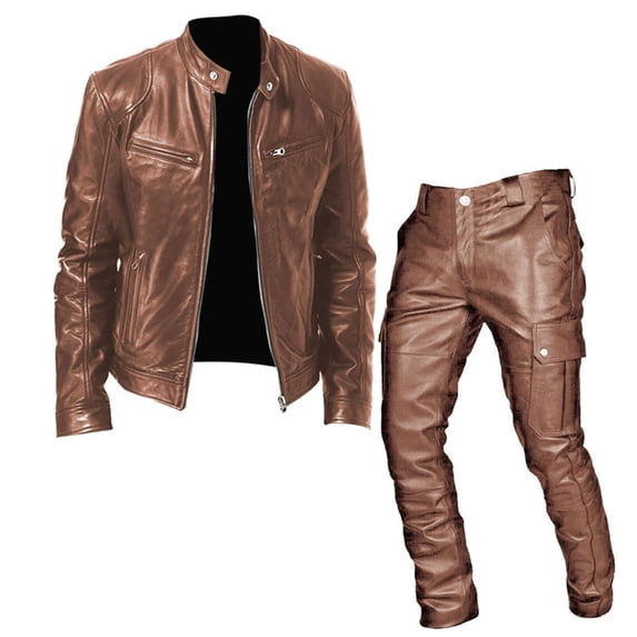 Migroa Classic Vintage Motorcycle Jacket Set for Men | Leather Bomber & Pants | Windproof Fall/Winter Two-Piece Suit , Brown M
