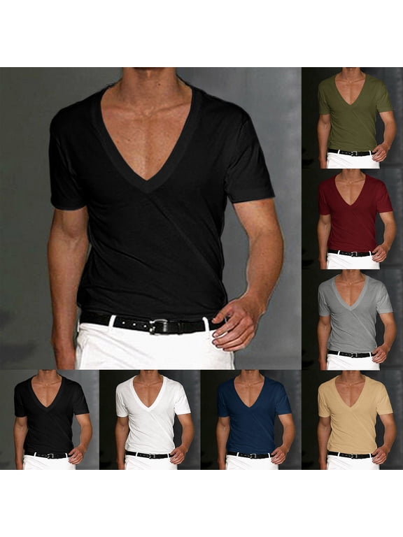 Deep V Neck T Shirt for Men Low Cut Vneck Tee Invisible Tshirt Slim Fit Short Sleeve Tees Vee Top Scoop Hem Black M