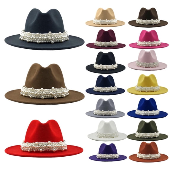 Migroa Fedora Hats for Women Panama Hat British Fashion Elegant Jazz Hat with Pearl Band Wide Brim Soft Fabric Hat Versatile Fashion Hat Pink M