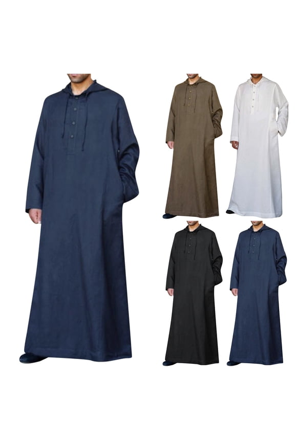 Long Sleeve Kaftan Thobe Button Down Men Thobe with Pocket Big And Tall Mens Arab Thobe Long Gown Casual Shirt for Beach with Hoodie Brown 3XL