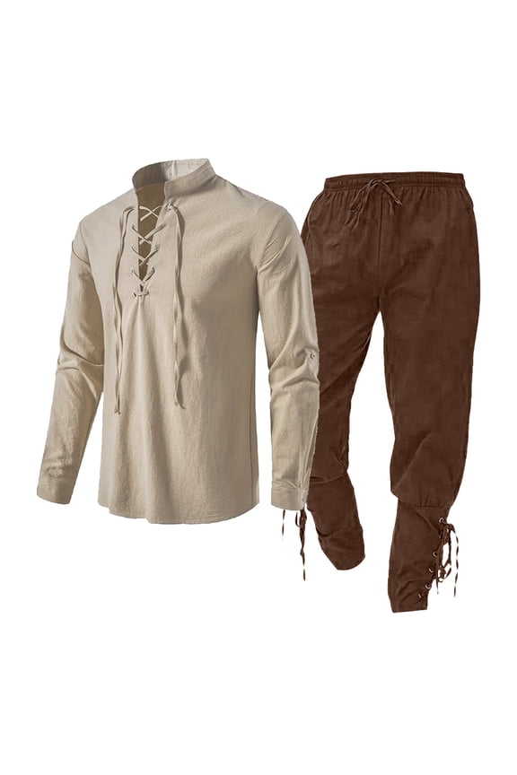 Medieval Clothing Set for Men Linen Medieval Shirt And Ankle Strap Pants Retro Outfit for Stage Performance Theme Activities Role Play Daily Wear Khaki S