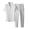 thumbnail image 1 of Migroa Men Casual Outfits 2 Piece Fashion Lightweight Summer Striped Pleated Stand Collar Elastic Short Sleeve Drawstring Long Pants White Xl, 1 of 6