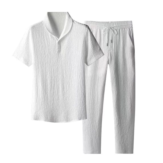 Migroa Men Casual Outfits 2 Piece Fashion Lightweight Summer Striped Pleated Stand Collar Elastic Short Sleeve Drawstring Long Pants White Xl