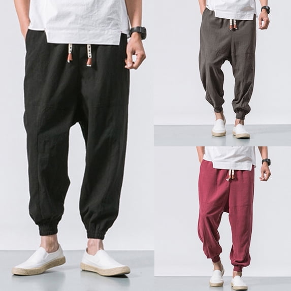 Migroa Men Linen Drop Crotch Wide Leg Baggy Harem Pants Summer Elastic Waist Jogger Yoga Trousers Chino Joggers for Men Twill Stretch Casual Pants with Pockets Black L
