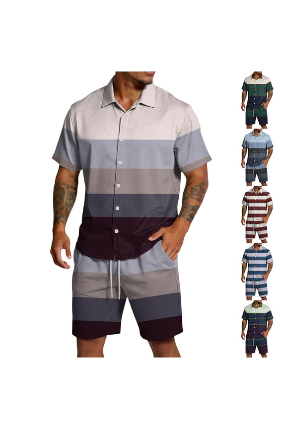 Men's 2 Piece Outfits Beach Matching Sets Print Striped Button up Short Sleeve Shirt And Drawstring Shorts Summer Beach Sets Brown S