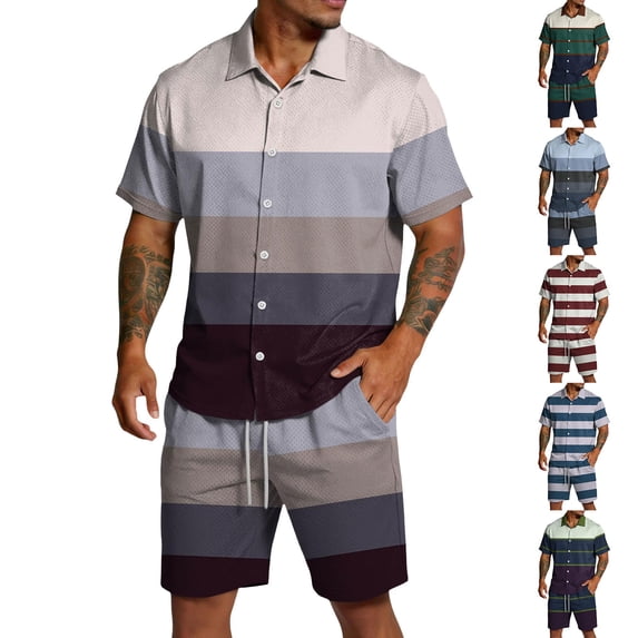 Migroa Men's 2 Piece Outfits Beach Matching Sets Print Striped Button up Short Sleeve Shirt And Drawstring Shorts Summer Beach Sets Gray L