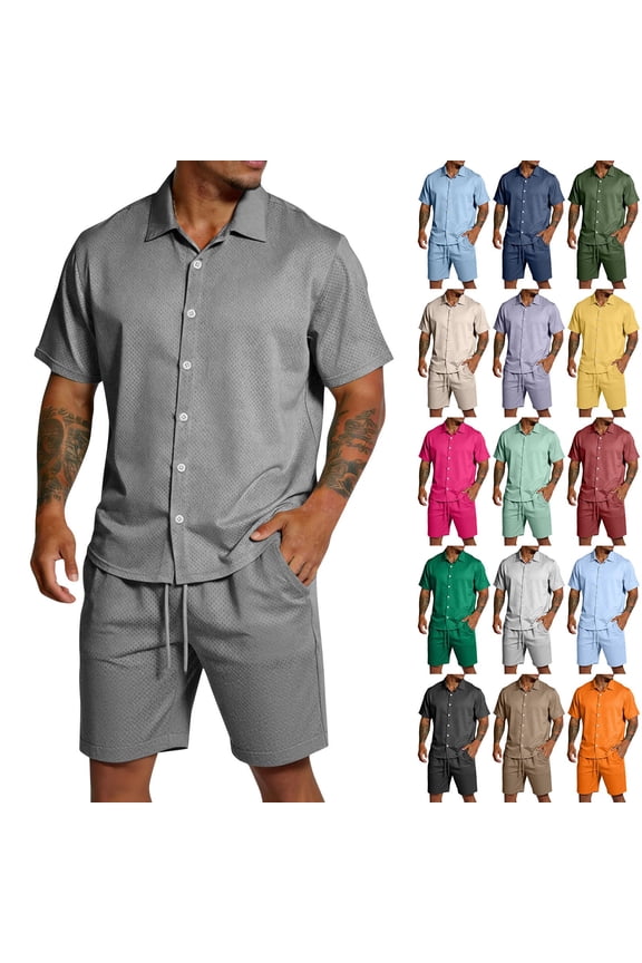 Men's 2 Piece Outfits Short Sleeve Button Down Shirt And Shorts Summer Beach Vacation Lounge Workout Pajamas Short Sleeve Sets Orange 2Xl