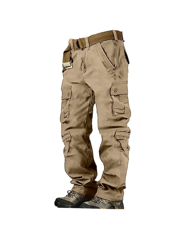 Men's Cargo Work Pants Camo Outdoor Daily Trousers with 8 Pockets Sturdy Multi-Pocket Hiking Casual Utility Pants Khaki 28