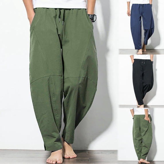 Migroa Men's Casual Cotton Linen Pants Yoga Beach Loose Fit Casual Elastic Waist Drawstring Summer Harem Baggy Trousers with Pockets Casual Summer Beach Pants Blue 2XL