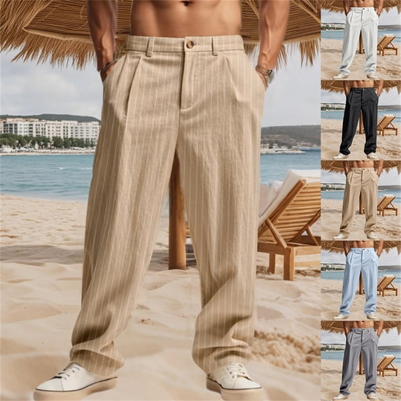 Migroa Men's Casual Linen Pants Mens Pinstripe Casual Dress Pants Summer Beach Elastic Drawstring Waist Yoga Pants Travel Baggy Work Pant Pajama Grey S