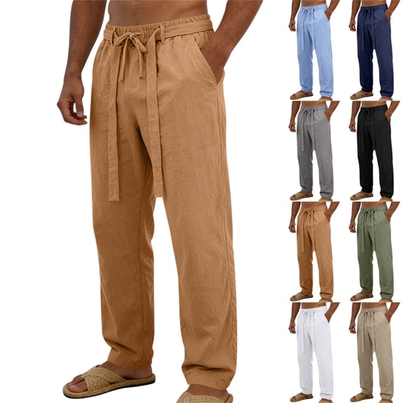 Migroa Men's Linen Pants Lightweight Drawstring Elastic Waist Pockets Loose Fit Straight Legs Summer Beach Vacation Yoga Trousers White M