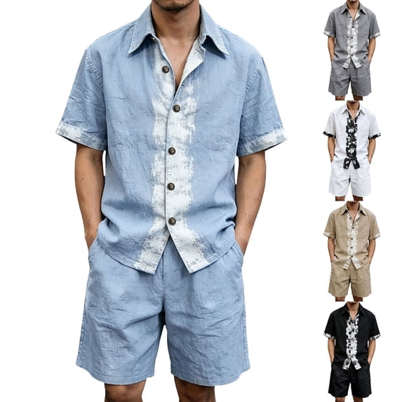 Migroa Men's Linen Shirts Shorts Outfits Beach 2 Pieces Sets Button Down Suit Casual Summer Tracksuit Vacation Clothes Matching Outfits Khaki M