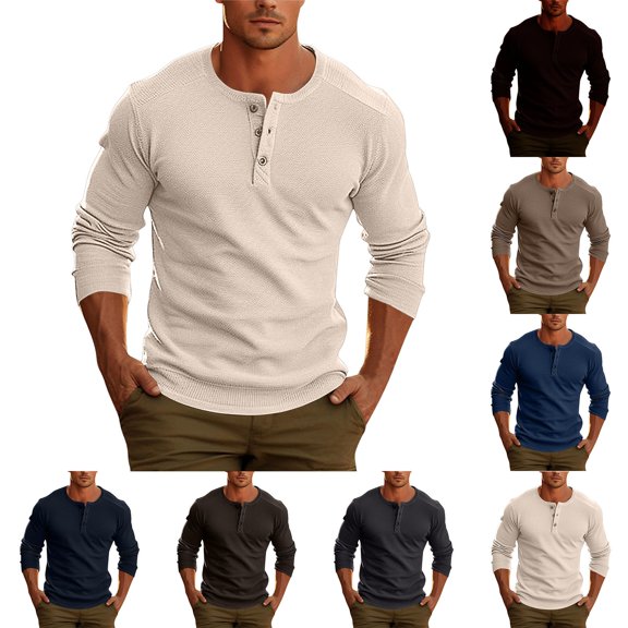 Migroa Men's Long Sleeve Ribbed Crew Neck Golf Shirt - Casual Business Work Top, Lightweight Button Design - Perfect for Golf Course, Country Club, Business Casual, Weekend Sports -