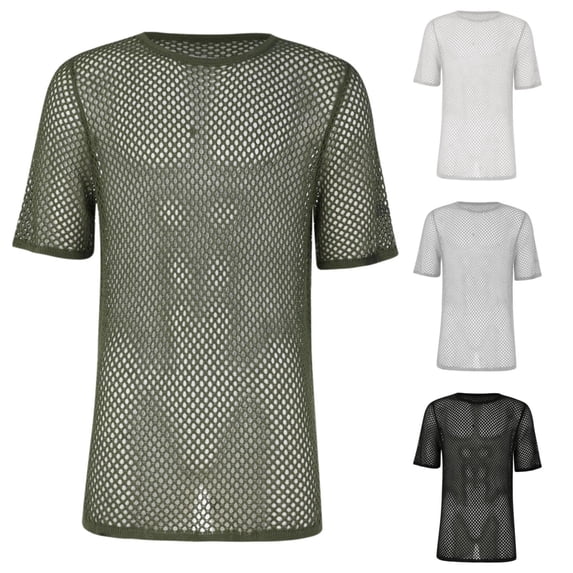Migroa Men's Mesh Fishnet Top Short Sleeve Sheer See Through T Shirt Knit Crochet See Through Summer Tops Grey S