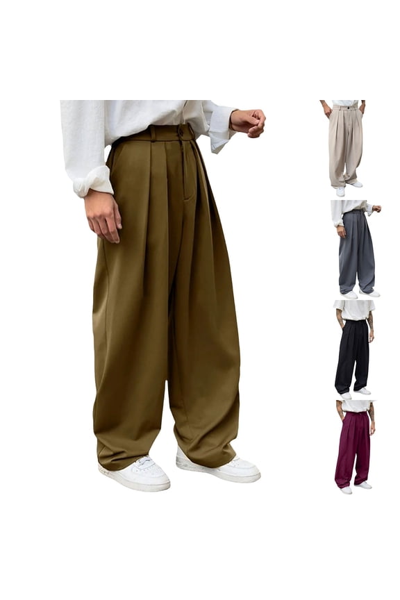 Migroa Men's Pleated Dress Pants, Double Pleat Drape Trousers with Mid Rise, Loose Straight Leg Casual Chinos, Solid Color Versatile Bottoms, Smart Office Pants Or Weekend Wear,