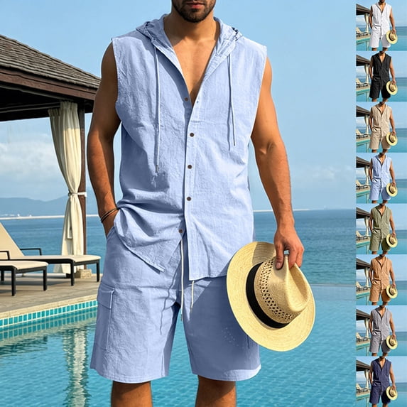 Migroa Mens 2 Piece Linen Set Outfits Sleeveless Hoodies And Drawstring Casual Track Shorts Set Beach Tank T Shirts Solid Sets White L