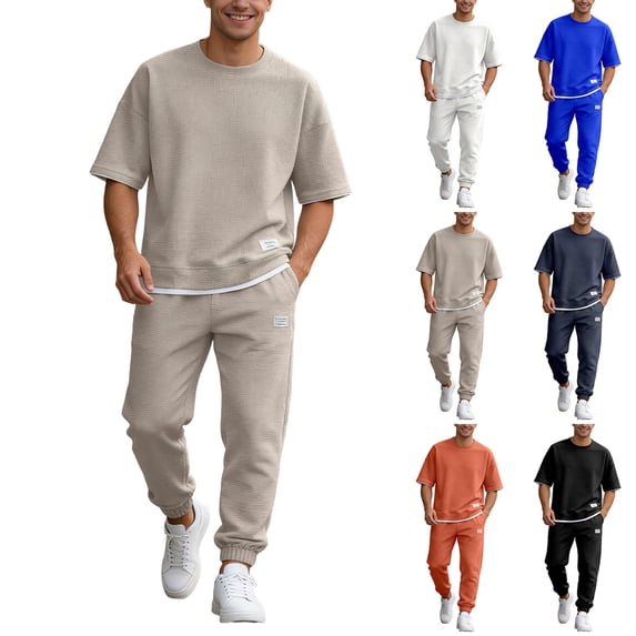 Migroa Mens 2 Piece Sweatsuit Set Short Sleeve Sweatshirt Jogging Sweatpants Tracksuits Outfits T Shirts And Loose Pants Summer Textured Suits Navy L