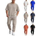 thumbnail image 1 of Migroa Mens 2 Piece Sweatsuit Set Short Sleeve Sweatshirt Jogging Sweatpants Tracksuits Outfits T Shirts And Loose Pants Summer Textured Suits White S, 1 of 5