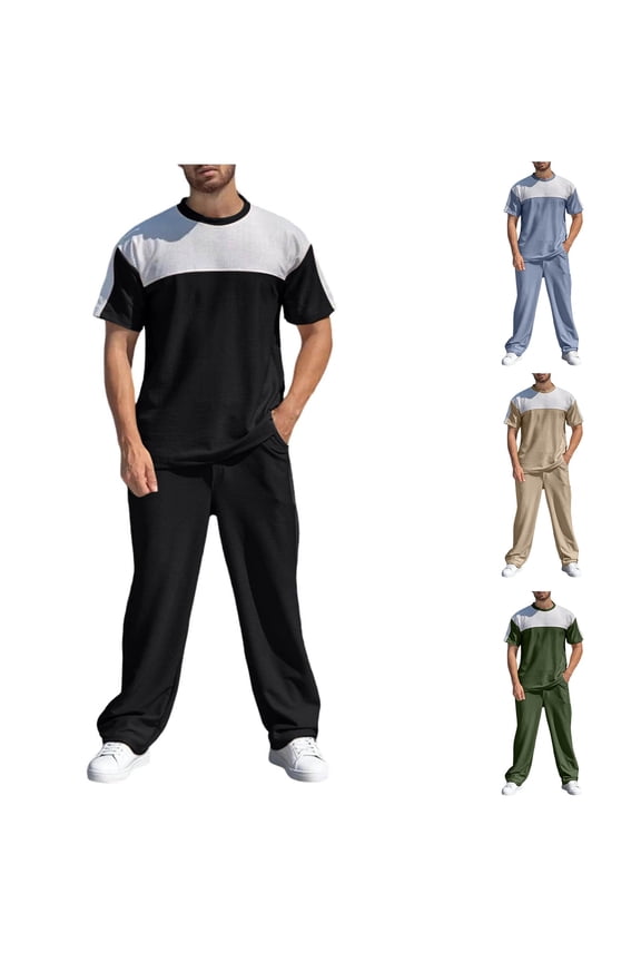 Mens 2 Piece Sweatsuits Outfits Short Sleeve Pullover Loungewear And Joggers Sweatpants Loose Pants Summer Casual Track Suits Set Walking Suits Blue S