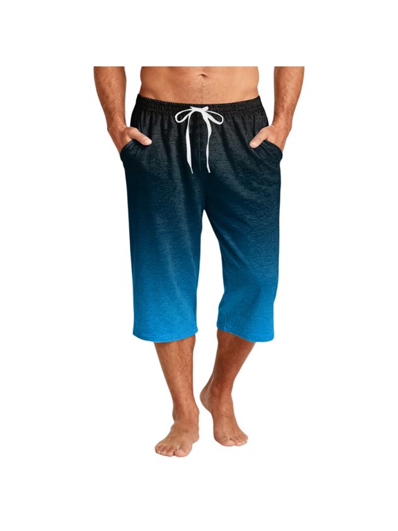 Mens Capri Pants Elastic Waist Drawstring Workout Gym Joggers Summer Gradient Pajama Shorts Casual Sweat Blue XL